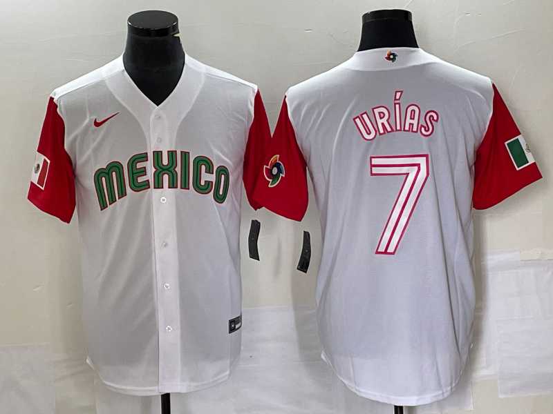 Men's Mexico Baseball #7 Julio Urias Number 2023 White Red World Classic Stitched Jersey46